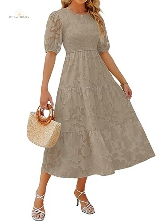 Dresses & Skirts - Women's Floral Lace Maxi Dress Puff Sleeve Smocked Wedding Guest